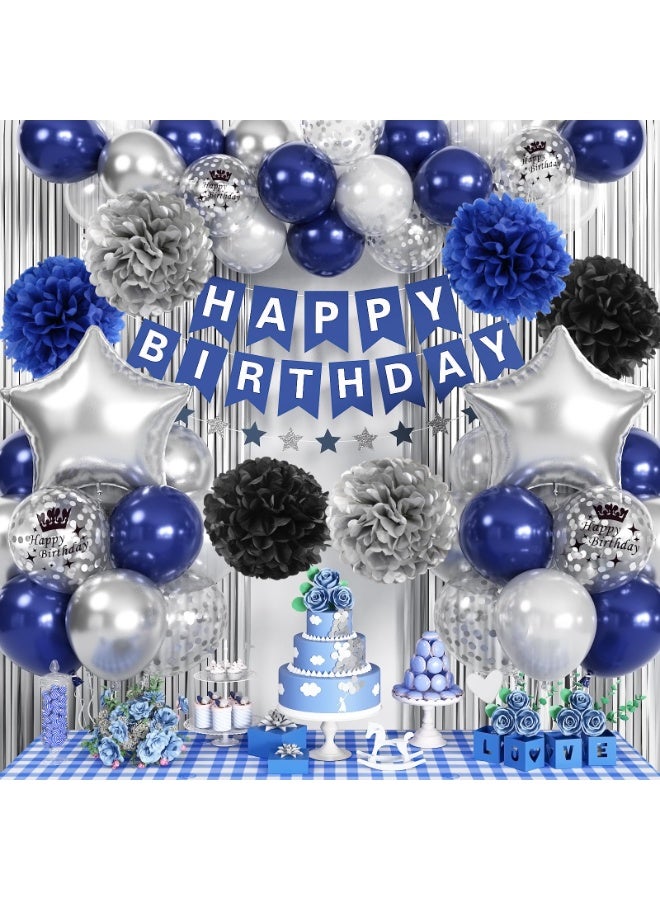 Mordely Blue & Silver Party Decorations - Boys' Birthday Banner, Balloons, Pom Poms, Fringe Curtain - Image 1